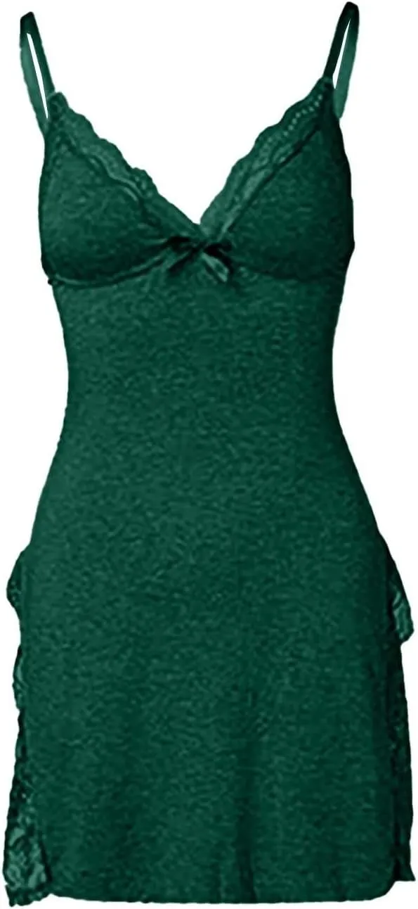 PETCDIM Lace Trim Sleep Dress for Women Sexy High Split Nightgown Trendy Bowknot Decor Sleep Spaghetti Dress Valentines Gift