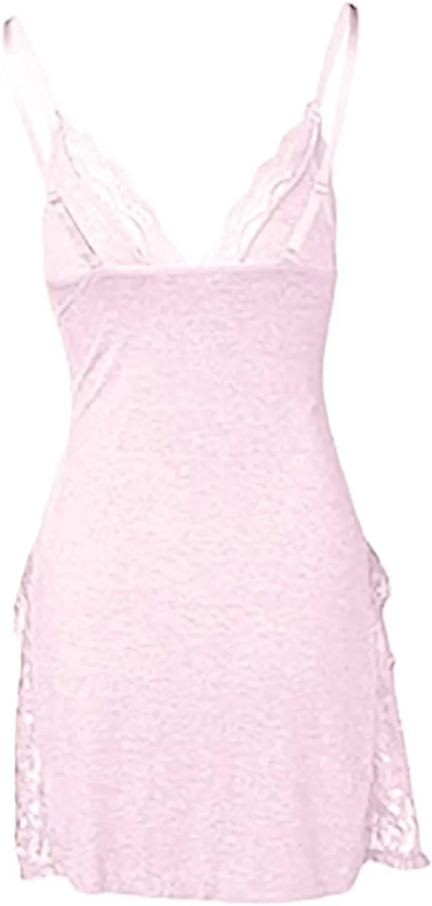 PETCDIM Lace Trim Sleep Dress for Women Sexy High Split Nightgown Trendy Bowknot Decor Sleep Spaghetti Dress Valentines Gift