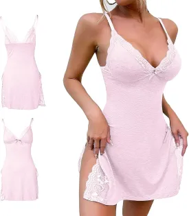 PETCDIM Lace Trim Sleep Dress for Women Sexy High Split Nightgown Trendy Bowknot Decor Sleep Spaghetti Dress Valentines Gift