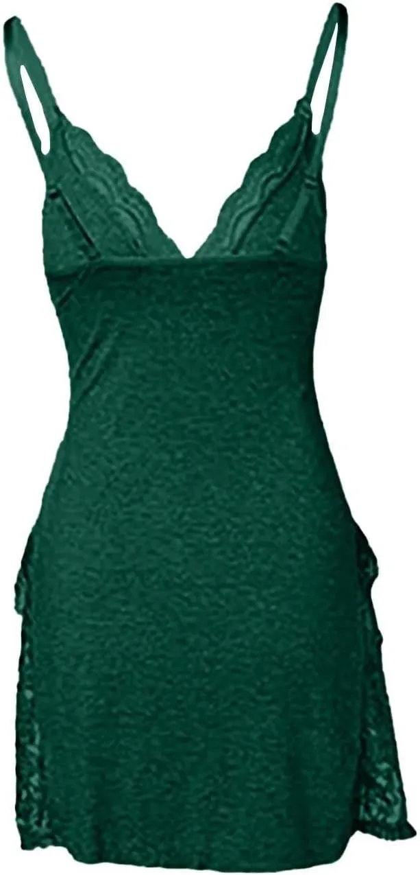 PETCDIM Lace Trim Sleep Dress for Women Sexy High Split Nightgown Trendy Bowknot Decor Sleep Spaghetti Dress Valentines Gift