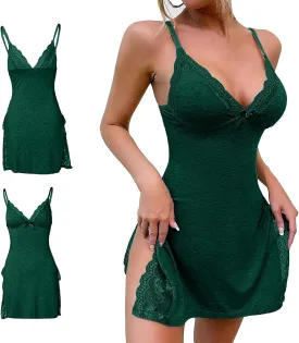 PETCDIM Lace Trim Sleep Dress for Women Sexy High Split Nightgown Trendy Bowknot Decor Sleep Spaghetti Dress Valentines Gift