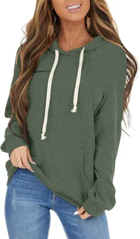 PRETTODAY Women's Casual Lightweight Hoodies Long Sleeve White Drawstring Sweatshirts Loose Pullovers with Pocket