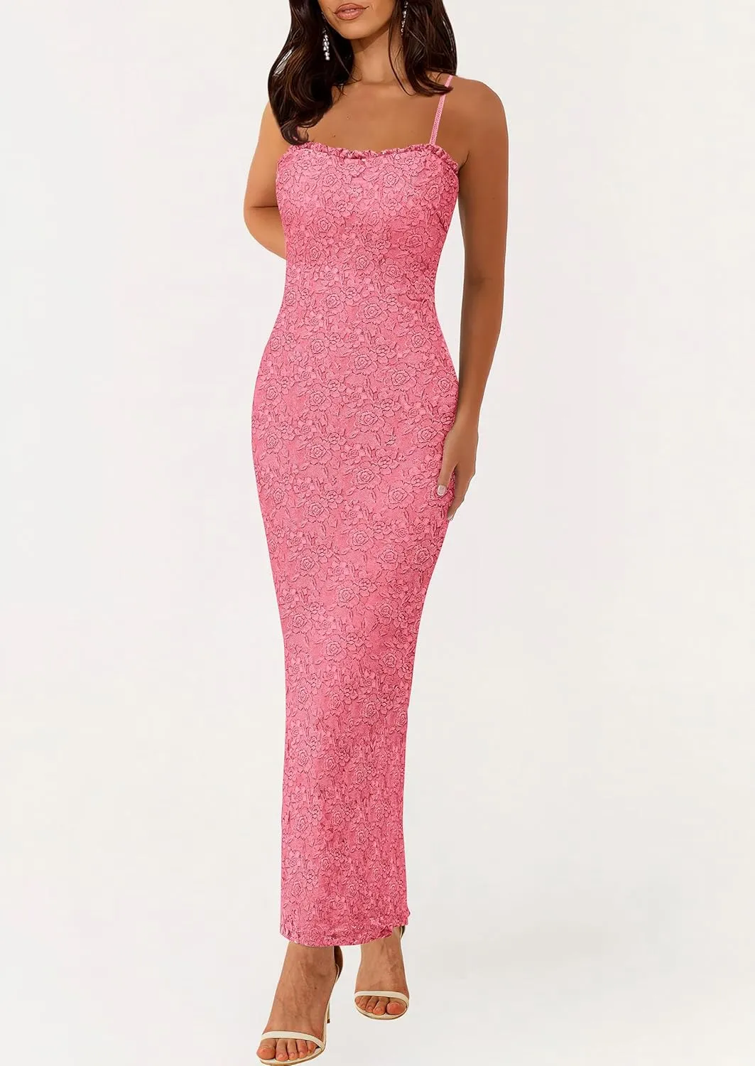 PRETTYGARDEN Women's Summer Formal Prom Dress 2025 Spaghetti Strap Lace Floral Wedding Guest Evening Bodycon Dresses