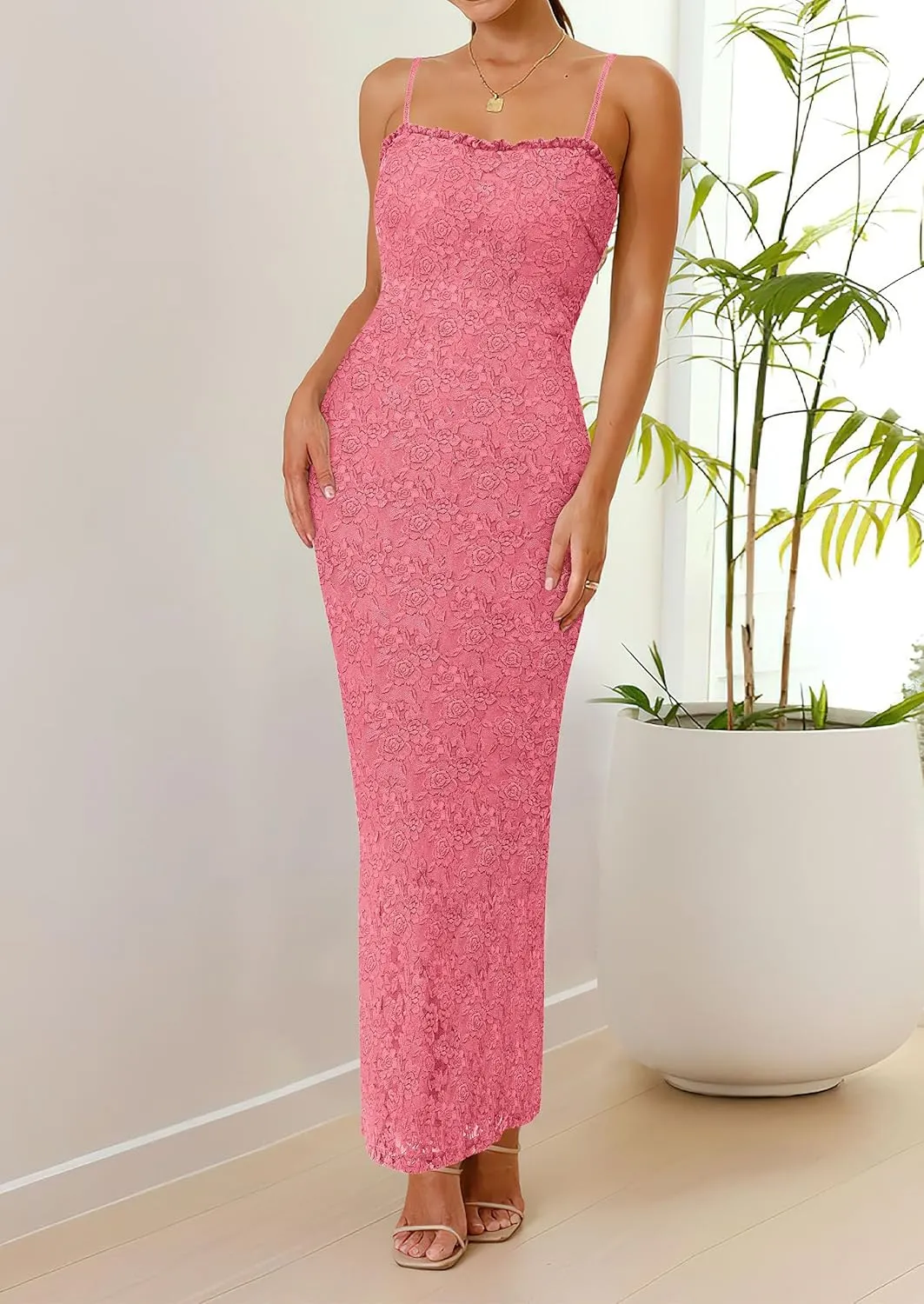 PRETTYGARDEN Women's Summer Formal Prom Dress 2025 Spaghetti Strap Lace Floral Wedding Guest Evening Bodycon Dresses