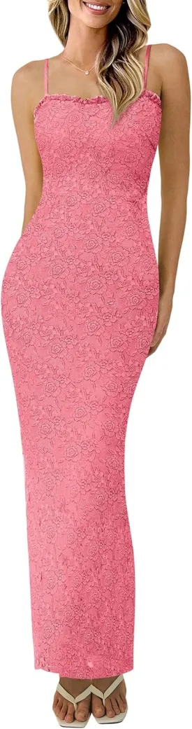 PRETTYGARDEN Women's Summer Formal Prom Dress 2025 Spaghetti Strap Lace Floral Wedding Guest Evening Bodycon Dresses