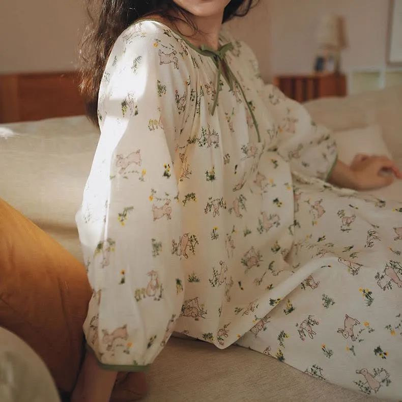 Rural Rabbit Cotton Gauze Soft Nightdress