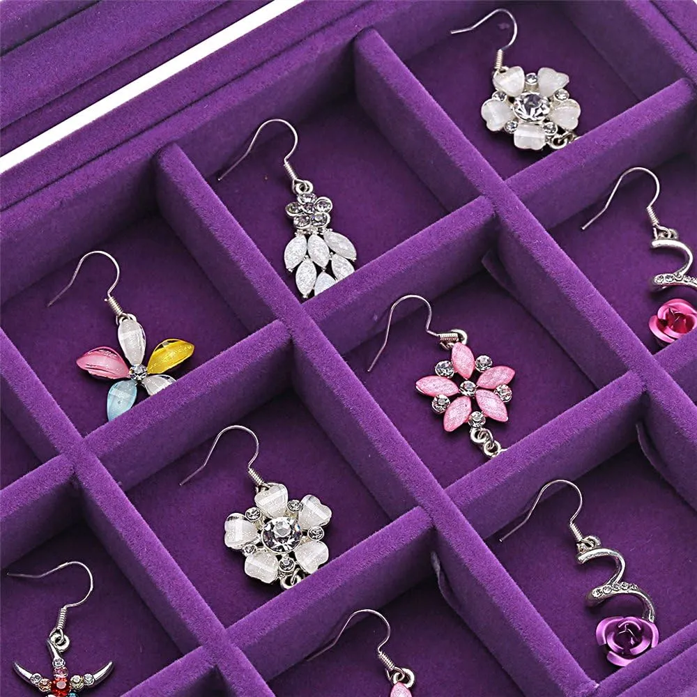 Sky Piea 24 Grid Velvet Glass Jewelry Box Jewellery Organiser Earring Ring Storage Holder Case Box (Purple)