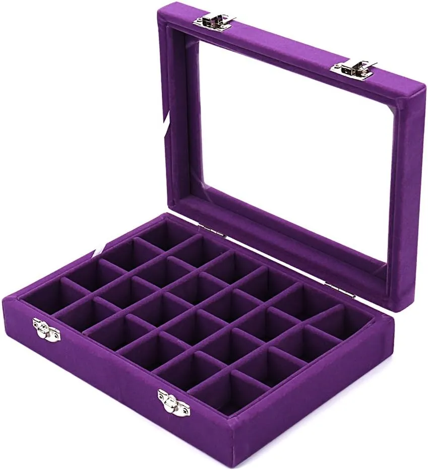 Sky Piea 24 Grid Velvet Glass Jewelry Box Jewellery Organiser Earring Ring Storage Holder Case Box (Purple)