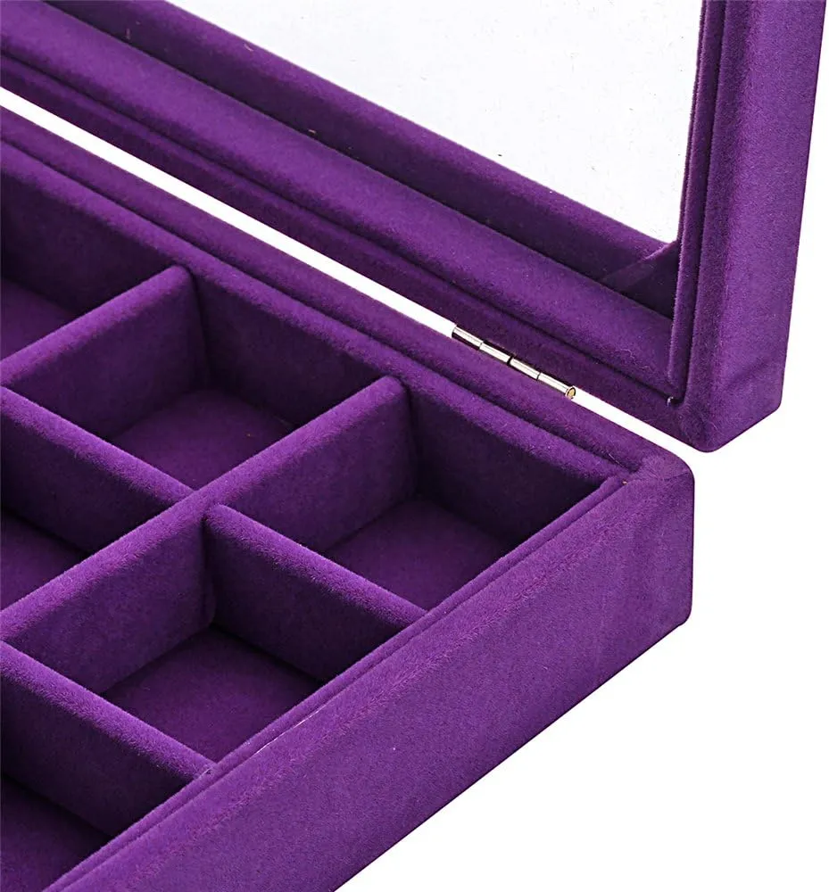 Sky Piea 24 Grid Velvet Glass Jewelry Box Jewellery Organiser Earring Ring Storage Holder Case Box (Purple)
