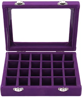 Sky Piea 24 Grid Velvet Glass Jewelry Box Jewellery Organiser Earring Ring Storage Holder Case Box (Purple)