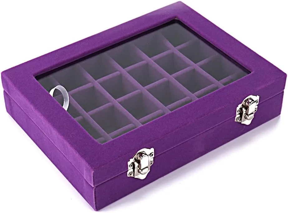 Sky Piea 24 Grid Velvet Glass Jewelry Box Jewellery Organiser Earring Ring Storage Holder Case Box (Purple)