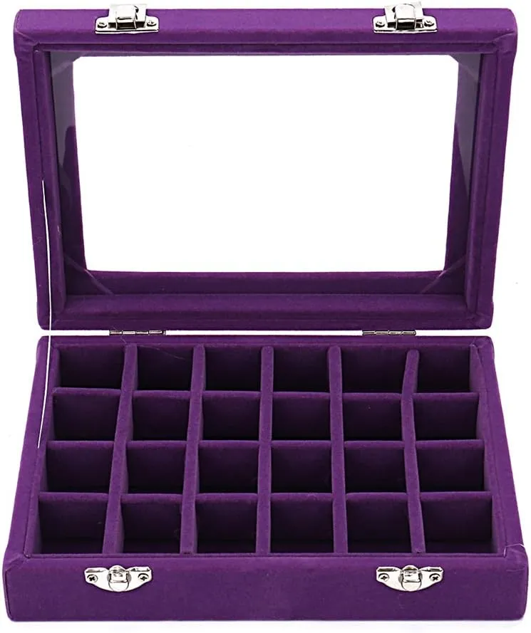 Sky Piea 24 Grid Velvet Glass Jewelry Box Jewellery Organiser Earring Ring Storage Holder Case Box (Purple)