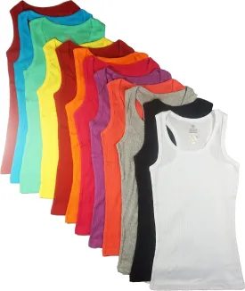 Studio 3 12 Pieces Pack Women's Ribbed 100% Cotton Tank Tops-Assorted Color