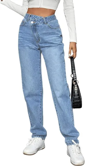 SweatyRocks Women's High Waisted Straight Leg Long Jeans Asymmetrical Waist Denim Pants Solid Pale Blue