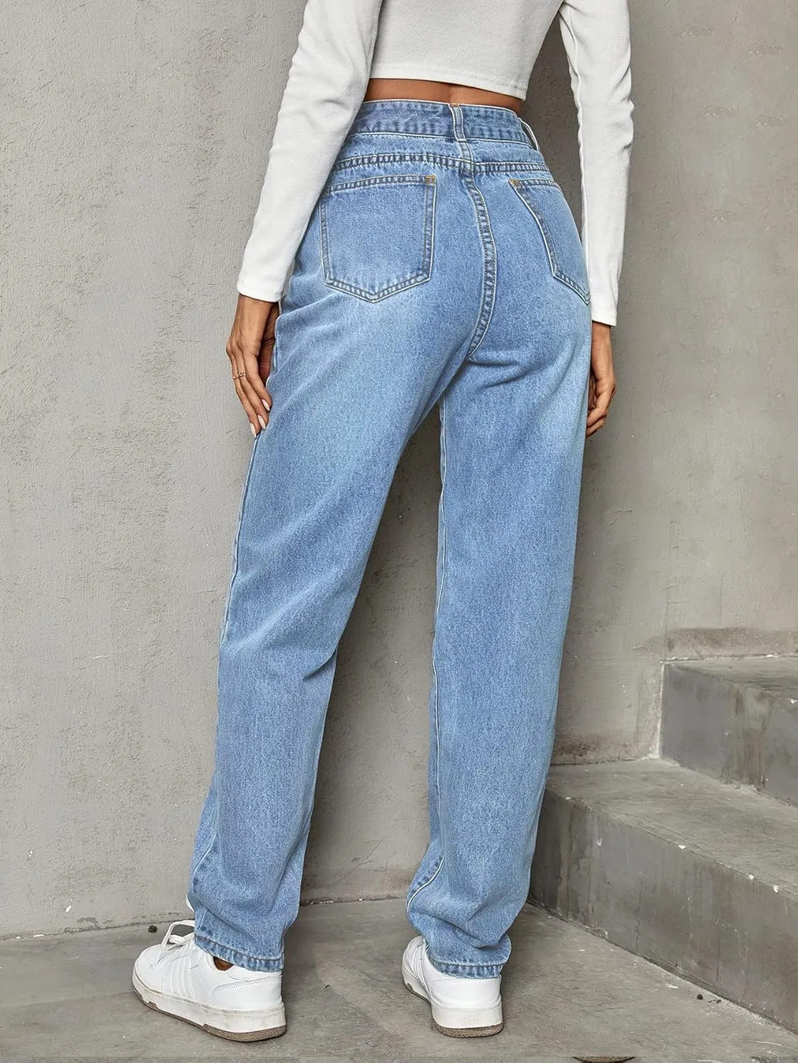 SweatyRocks Women's High Waisted Straight Leg Long Jeans Asymmetrical Waist Denim Pants Solid Pale Blue