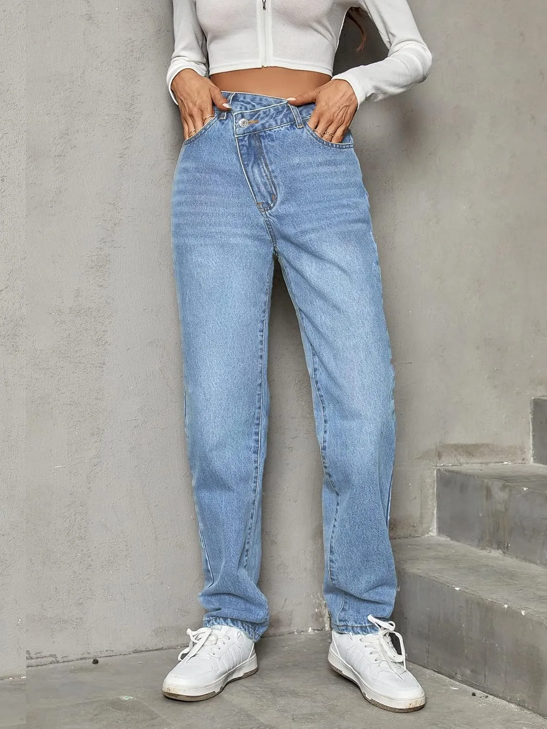 SweatyRocks Women's High Waisted Straight Leg Long Jeans Asymmetrical Waist Denim Pants Solid Pale Blue
