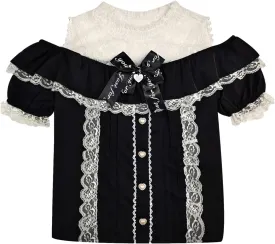 Sweet Cold Shoulder Shirt Women Lolita Lace Mesh Sheer Short Sleeve Blouse Vintage Ruffle Button Cute Tops