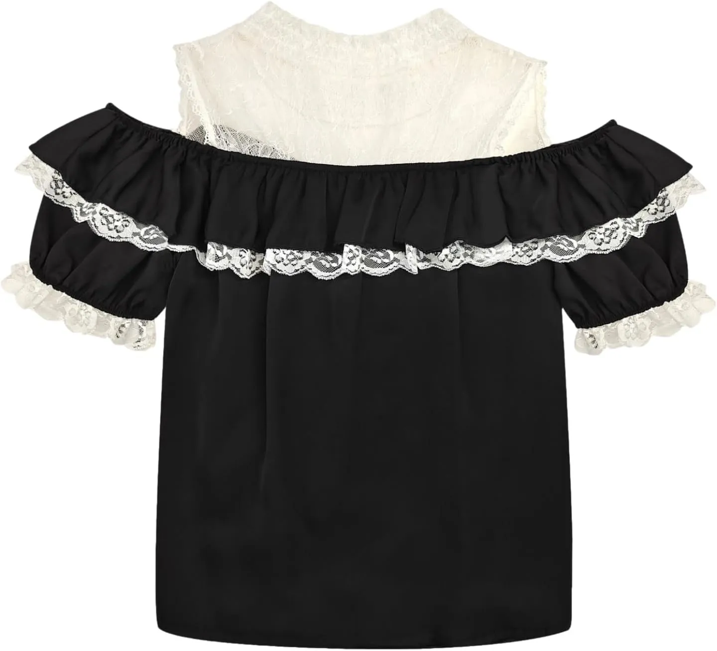 Sweet Cold Shoulder Shirt Women Lolita Lace Mesh Sheer Short Sleeve Blouse Vintage Ruffle Button Cute Tops