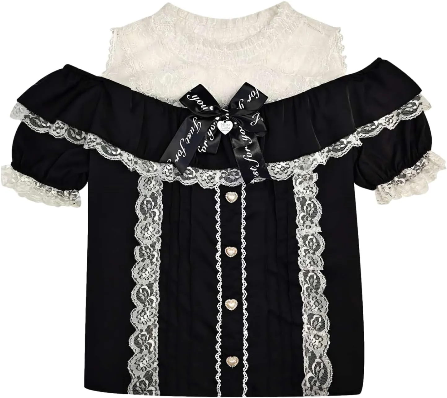 Sweet Cold Shoulder Shirt Women Lolita Lace Mesh Sheer Short Sleeve Blouse Vintage Ruffle Button Cute Tops