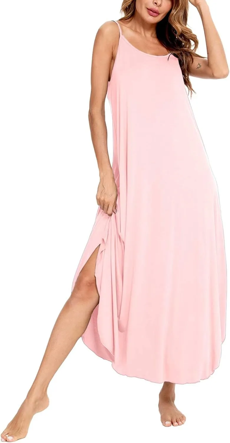 SWOMOG Women Long Nightgown Pajama Dress Soft Strap Nightdress Summer Sleeveless Nightshirt Lounge Dress with Pockets