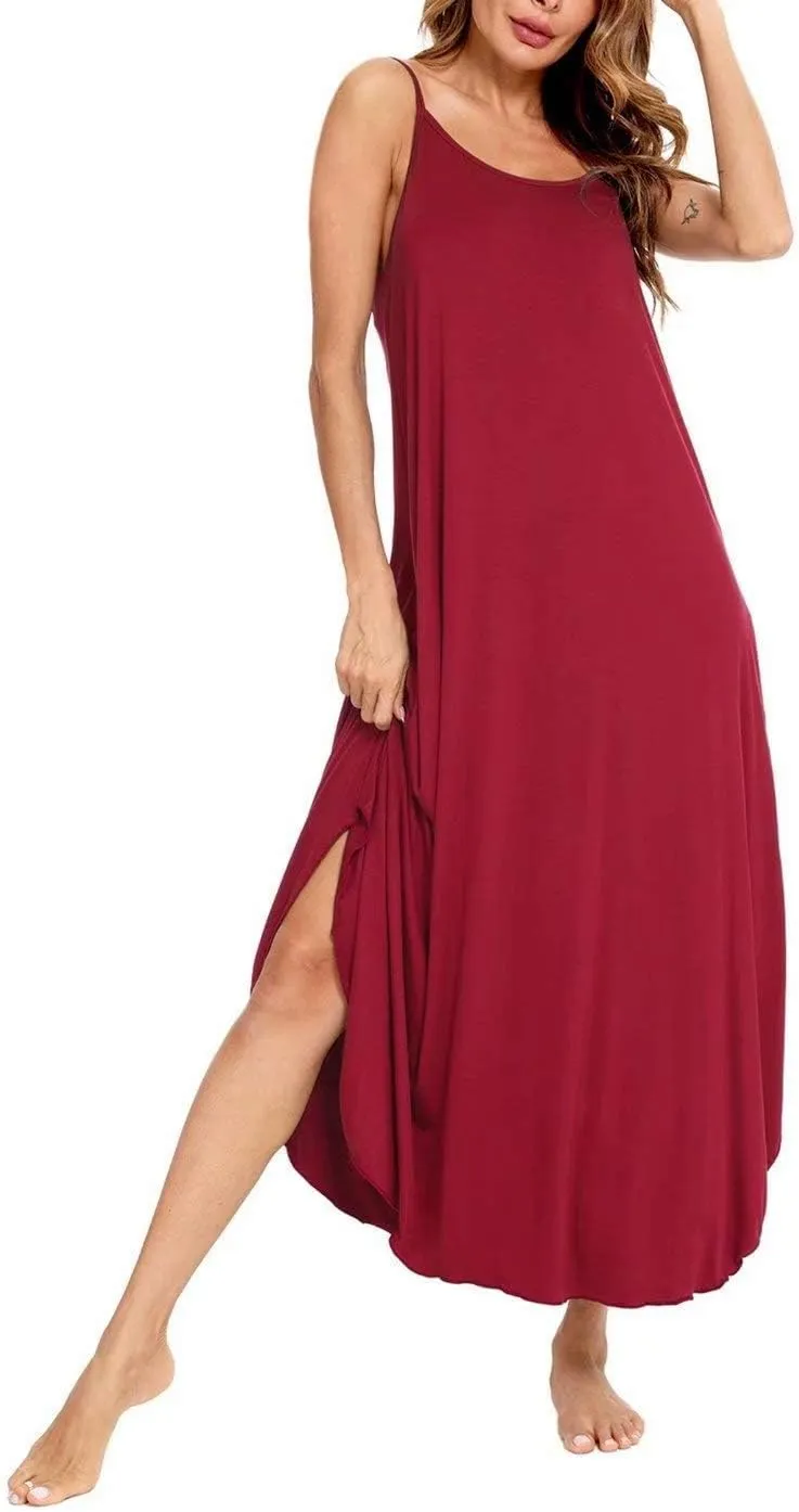SWOMOG Women Long Nightgown Pajama Dress Soft Strap Nightdress Summer Sleeveless Nightshirt Lounge Dress with Pockets