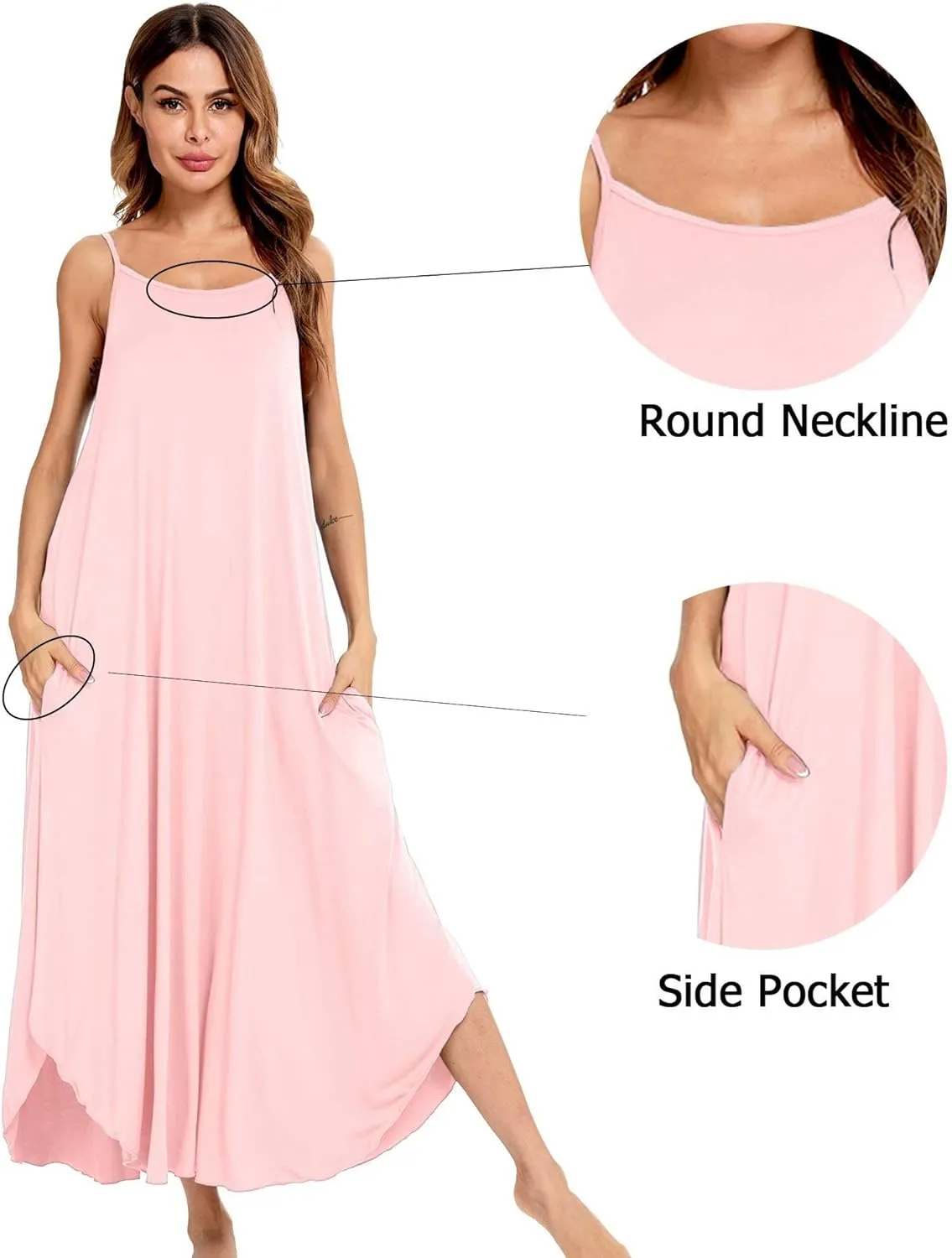 SWOMOG Women Long Nightgown Pajama Dress Soft Strap Nightdress Summer Sleeveless Nightshirt Lounge Dress with Pockets