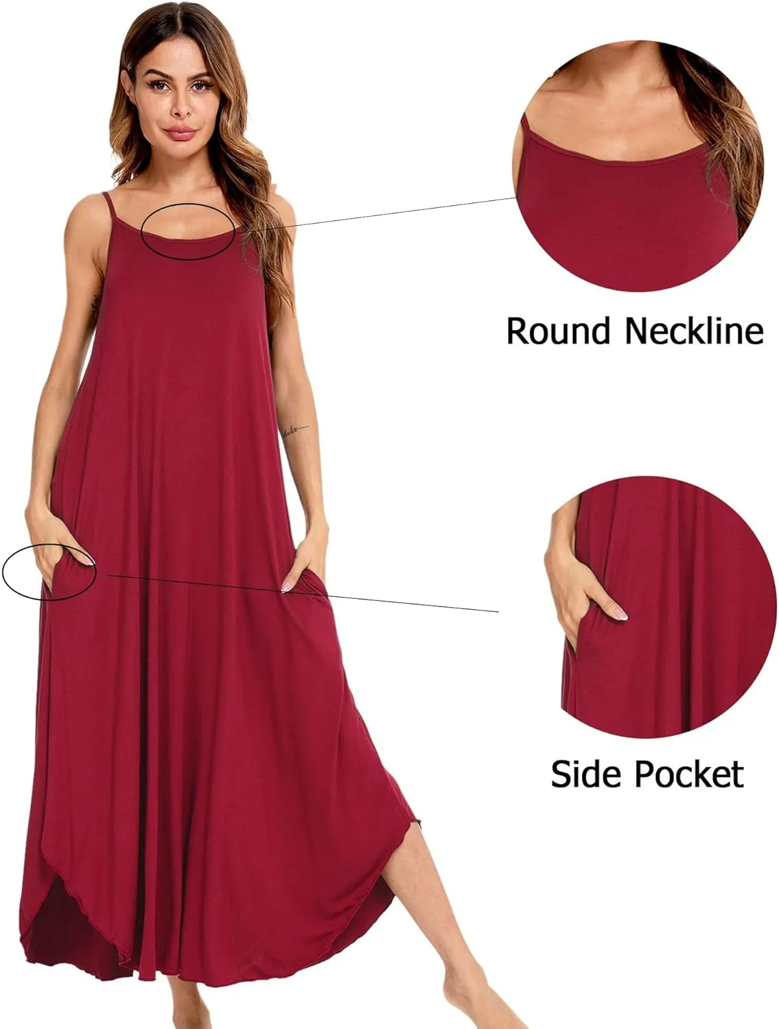 SWOMOG Women Long Nightgown Pajama Dress Soft Strap Nightdress Summer Sleeveless Nightshirt Lounge Dress with Pockets
