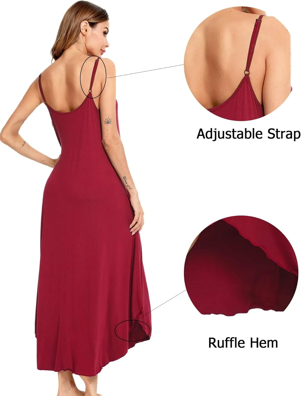 SWOMOG Women Long Nightgown Pajama Dress Soft Strap Nightdress Summer Sleeveless Nightshirt Lounge Dress with Pockets
