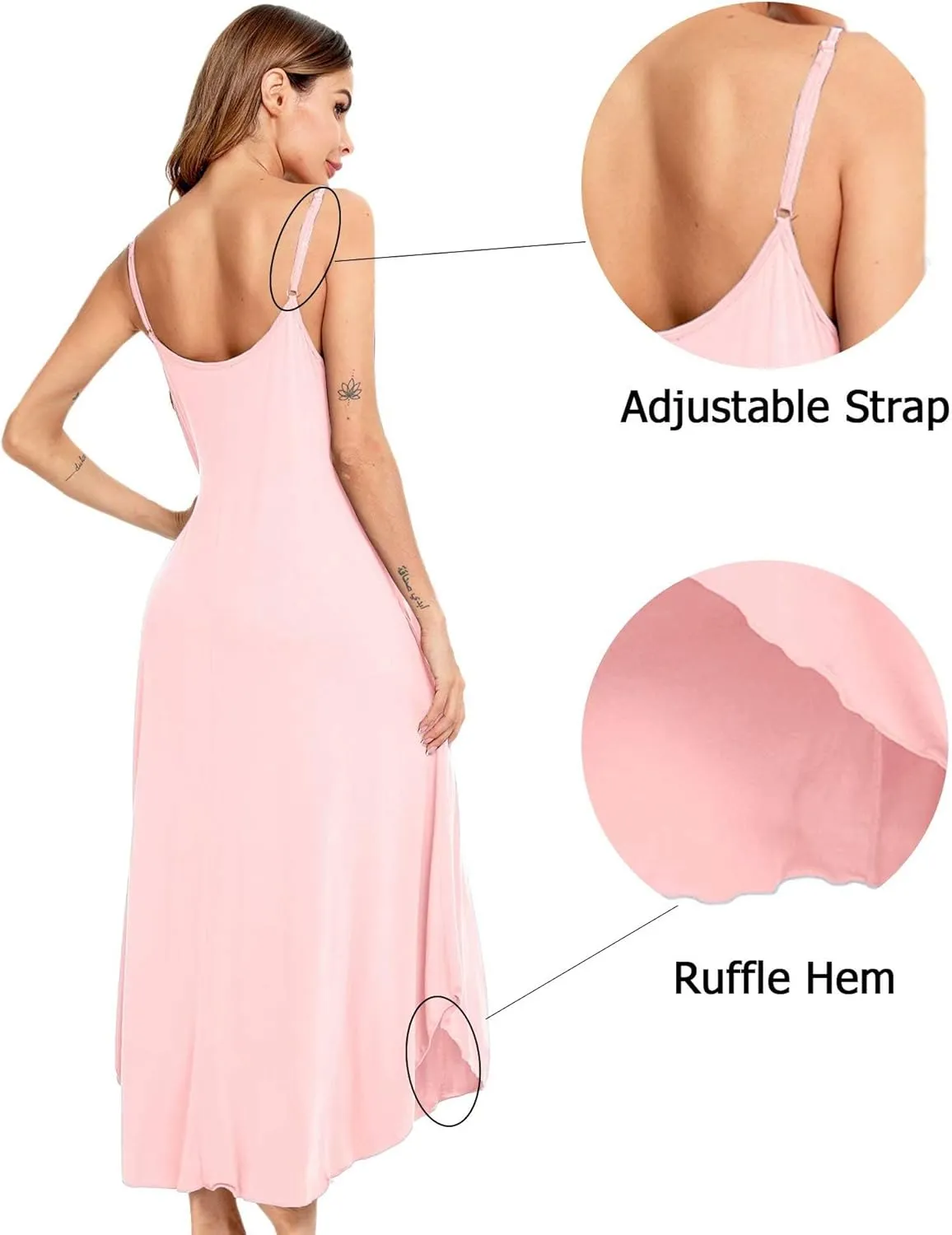 SWOMOG Women Long Nightgown Pajama Dress Soft Strap Nightdress Summer Sleeveless Nightshirt Lounge Dress with Pockets