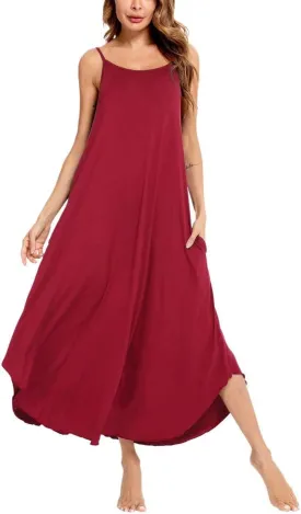 SWOMOG Women Long Nightgown Pajama Dress Soft Strap Nightdress Summer Sleeveless Nightshirt Lounge Dress with Pockets