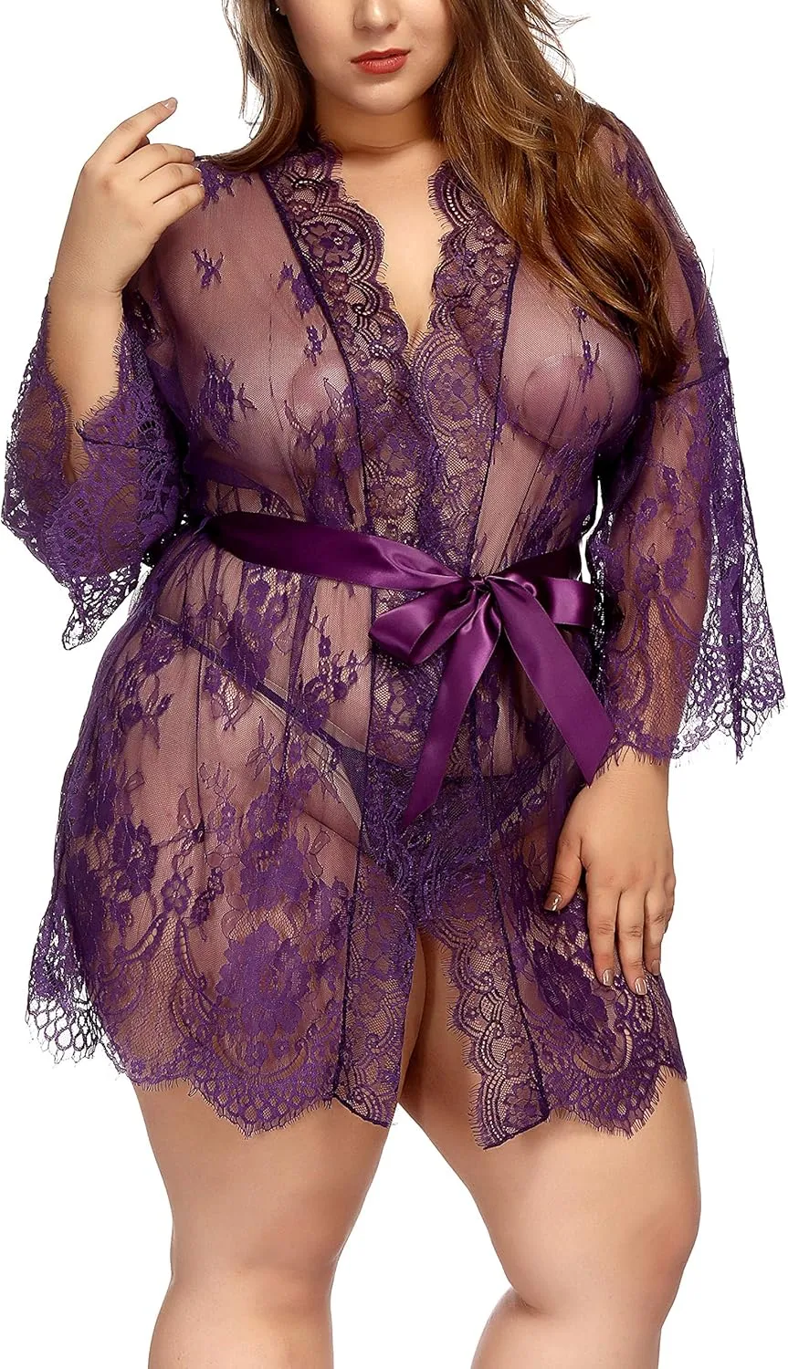 TGD Womens Lingerie Lace Plus Size Kimono Robe Mesh Nightgown Dress Sets