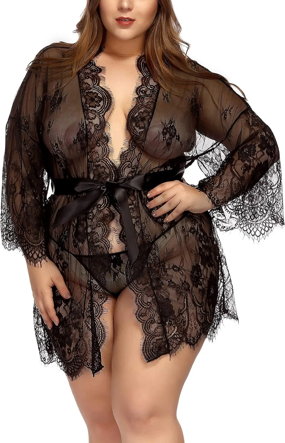 TGD Womens Lingerie Lace Plus Size Kimono Robe Mesh Nightgown Dress Sets
