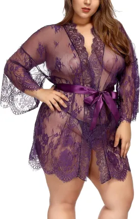 TGD Womens Lingerie Lace Plus Size Kimono Robe Mesh Nightgown Dress Sets