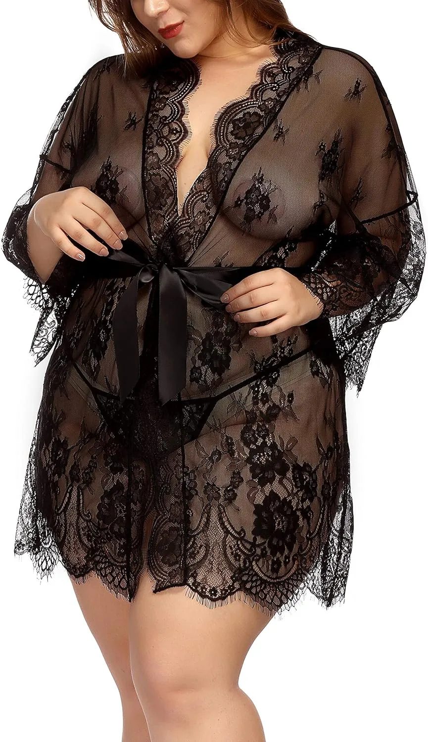 TGD Womens Lingerie Lace Plus Size Kimono Robe Mesh Nightgown Dress Sets