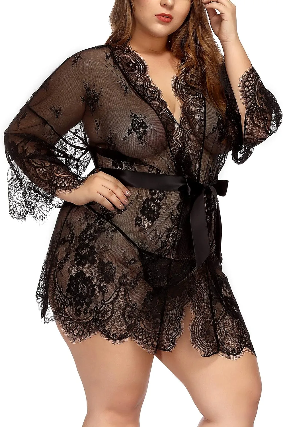 TGD Womens Lingerie Lace Plus Size Kimono Robe Mesh Nightgown Dress Sets