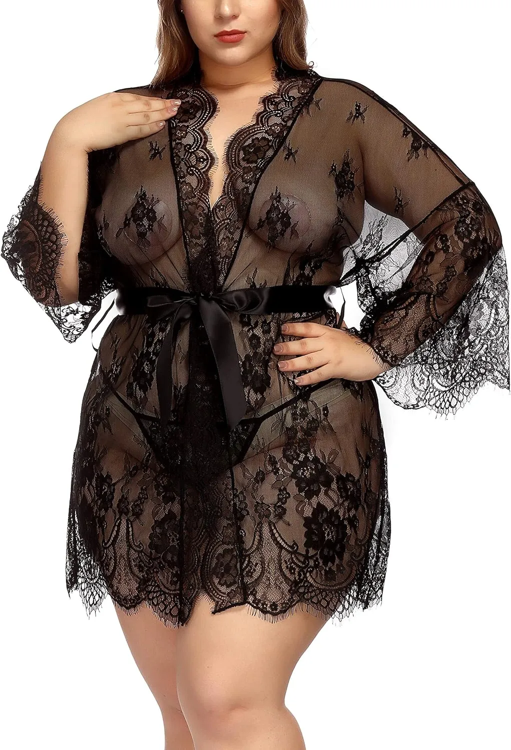TGD Womens Lingerie Lace Plus Size Kimono Robe Mesh Nightgown Dress Sets