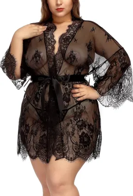 TGD Womens Lingerie Lace Plus Size Kimono Robe Mesh Nightgown Dress Sets