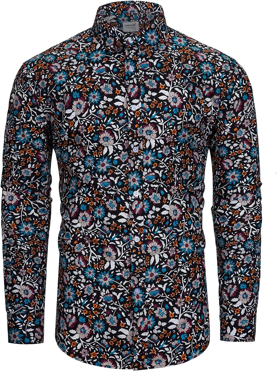TUNEVUSE Mens Long Sleeve Floral Dress Shirt Flowered Pattern Print Button Down Shirts Cotton
