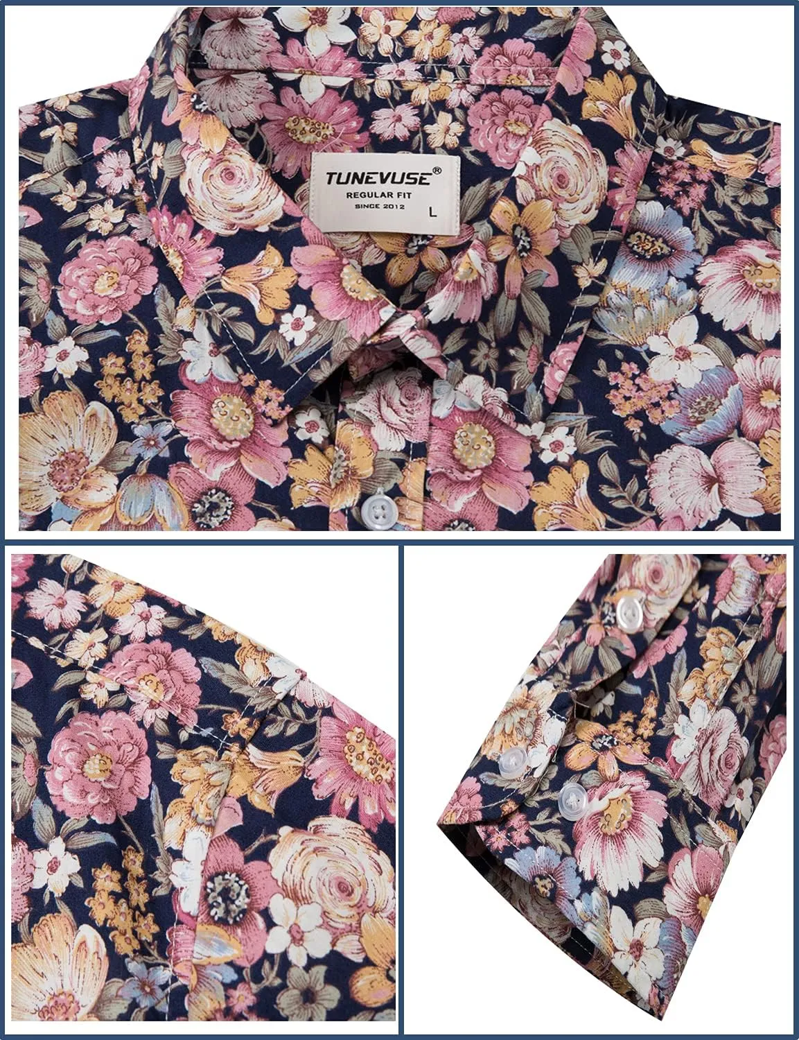 TUNEVUSE Mens Long Sleeve Floral Dress Shirt Flowered Pattern Print Button Down Shirts Cotton
