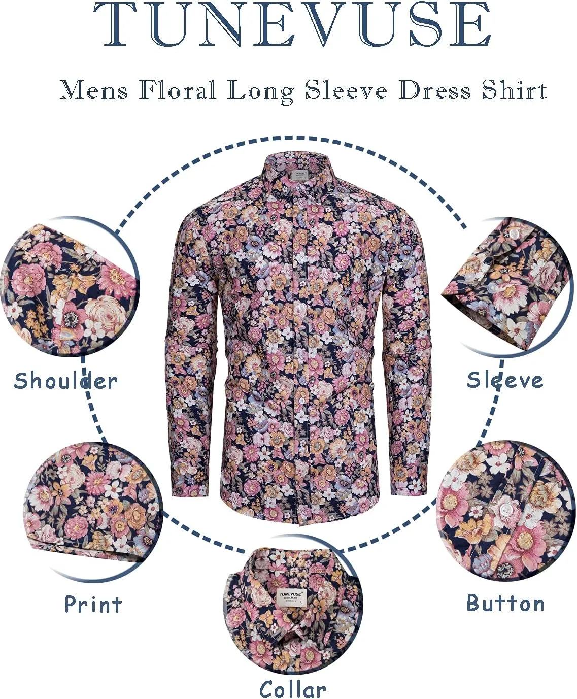 TUNEVUSE Mens Long Sleeve Floral Dress Shirt Flowered Pattern Print Button Down Shirts Cotton