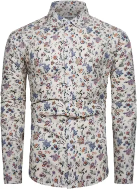 TUNEVUSE Mens Long Sleeve Floral Dress Shirt Flowered Pattern Print Button Down Shirts Cotton
