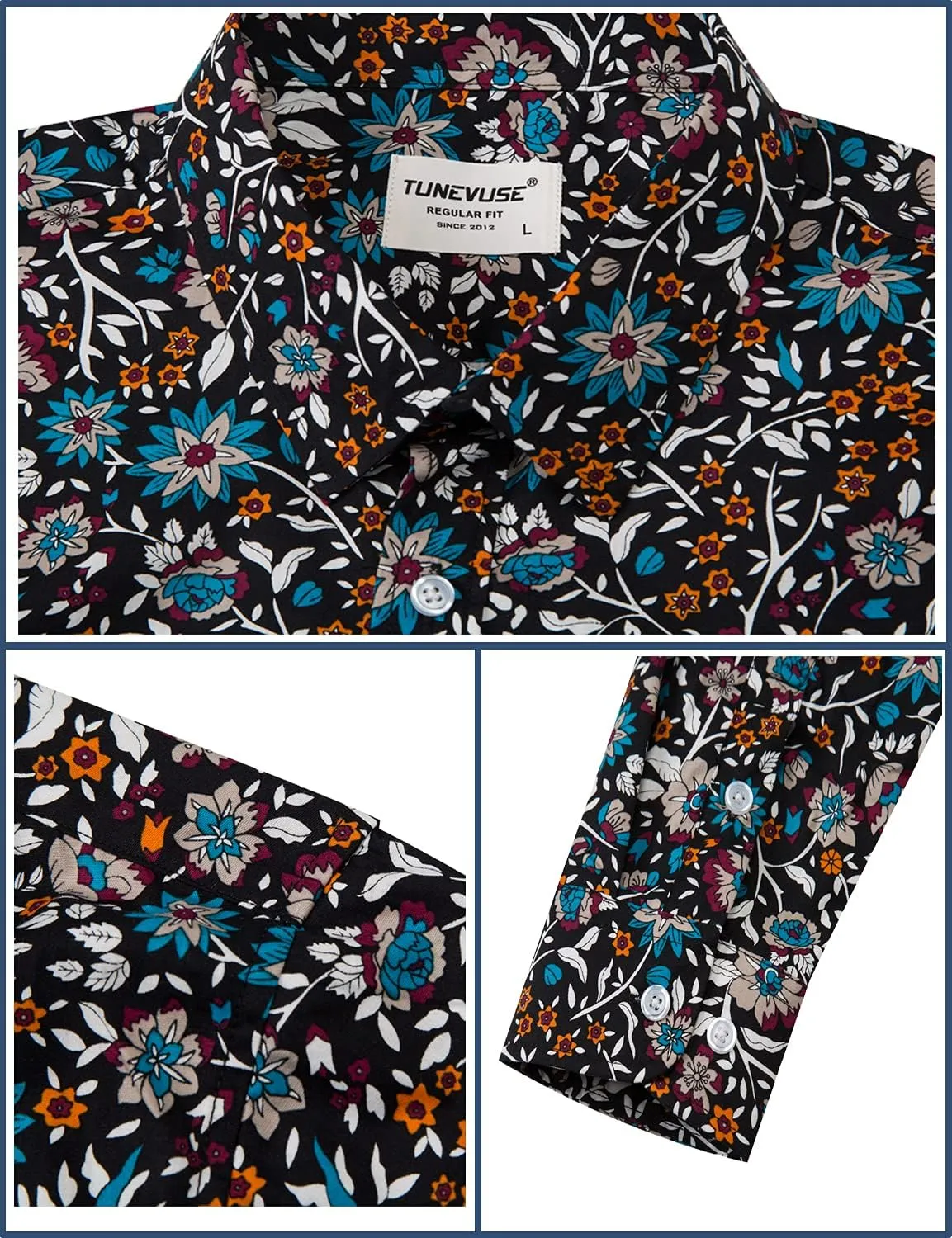 TUNEVUSE Mens Long Sleeve Floral Dress Shirt Flowered Pattern Print Button Down Shirts Cotton