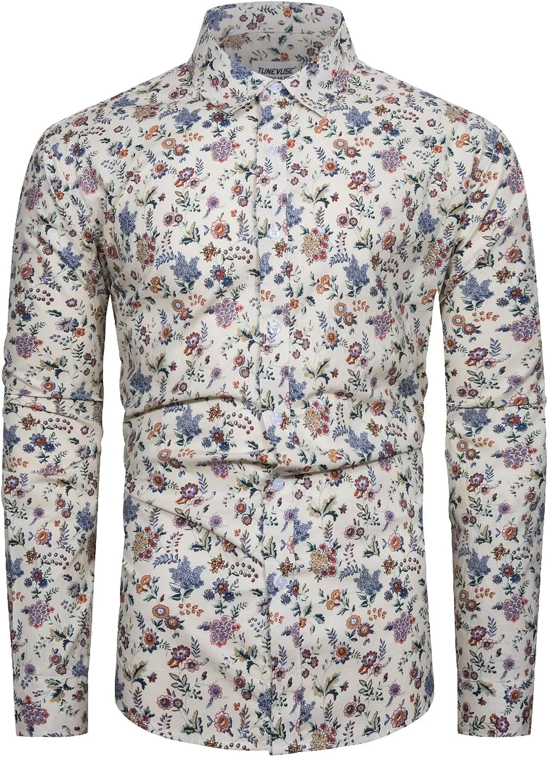 TUNEVUSE Mens Long Sleeve Floral Dress Shirt Flowered Pattern Print Button Down Shirts Cotton