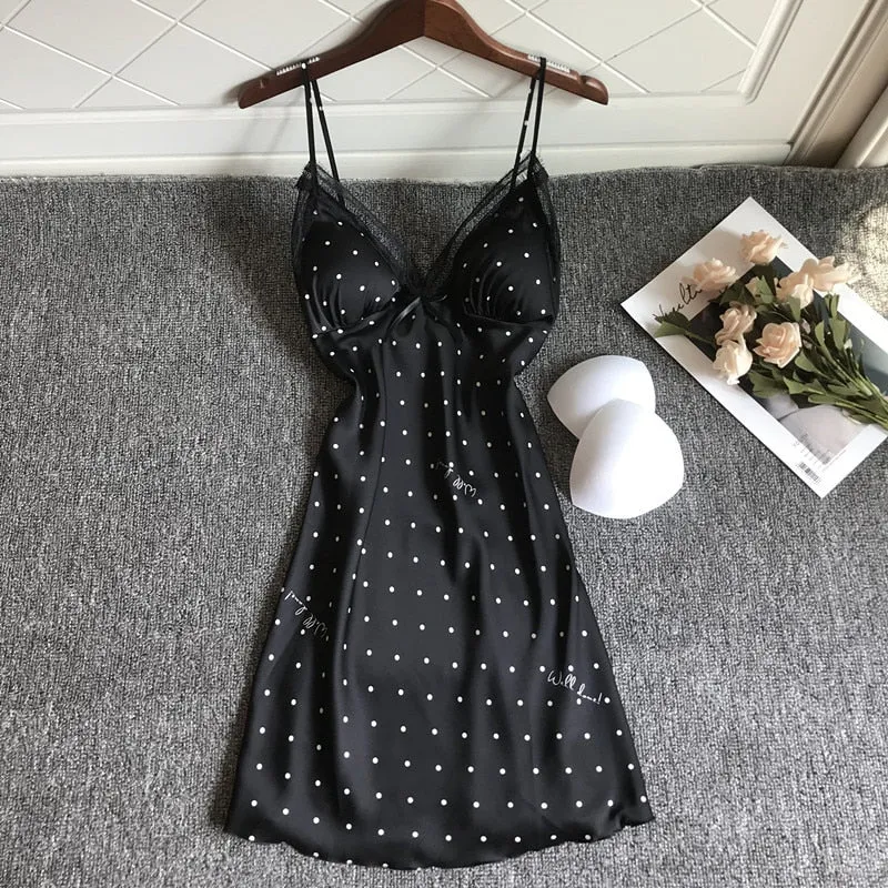 VenusFox Sexy Nightdress Ladies Lace Print Flower Nightgown Soft Silk Satin Elegant Sleepwear Summer Nightwear With Chest Pads Homewear