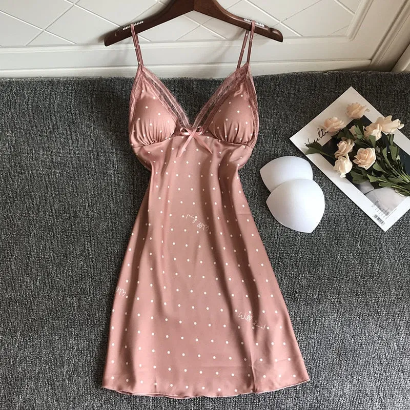 VenusFox Sexy Nightdress Ladies Lace Print Flower Nightgown Soft Silk Satin Elegant Sleepwear Summer Nightwear With Chest Pads Homewear