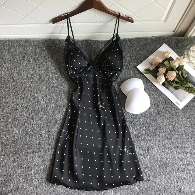 VenusFox Sexy Nightdress Ladies Lace Print Flower Nightgown Soft Silk Satin Elegant Sleepwear Summer Nightwear With Chest Pads Homewear