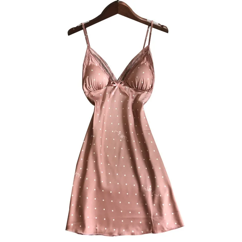 VenusFox Sexy Nightdress Ladies Lace Print Flower Nightgown Soft Silk Satin Elegant Sleepwear Summer Nightwear With Chest Pads Homewear