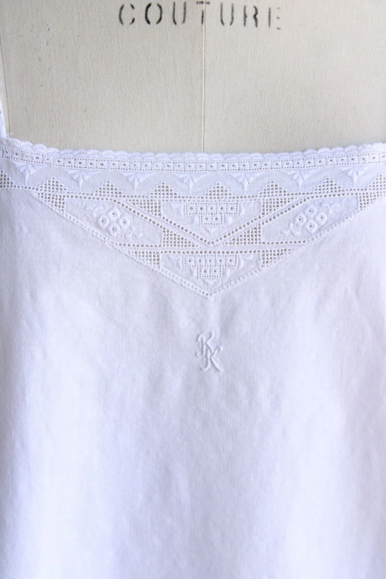 Vintage 1920s White Cotton Chemise, Monogrammed KK