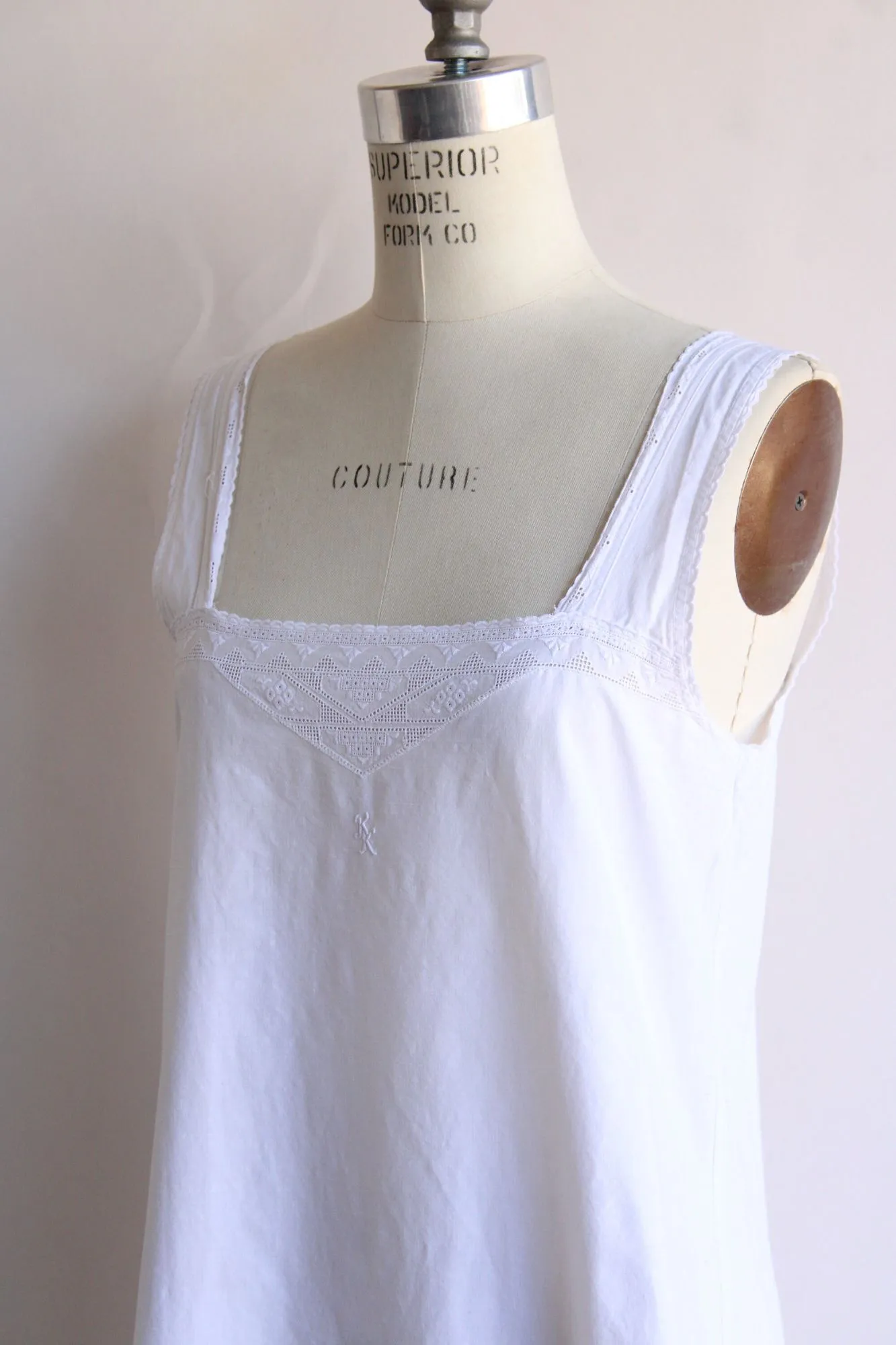 Vintage 1920s White Cotton Chemise, Monogrammed KK