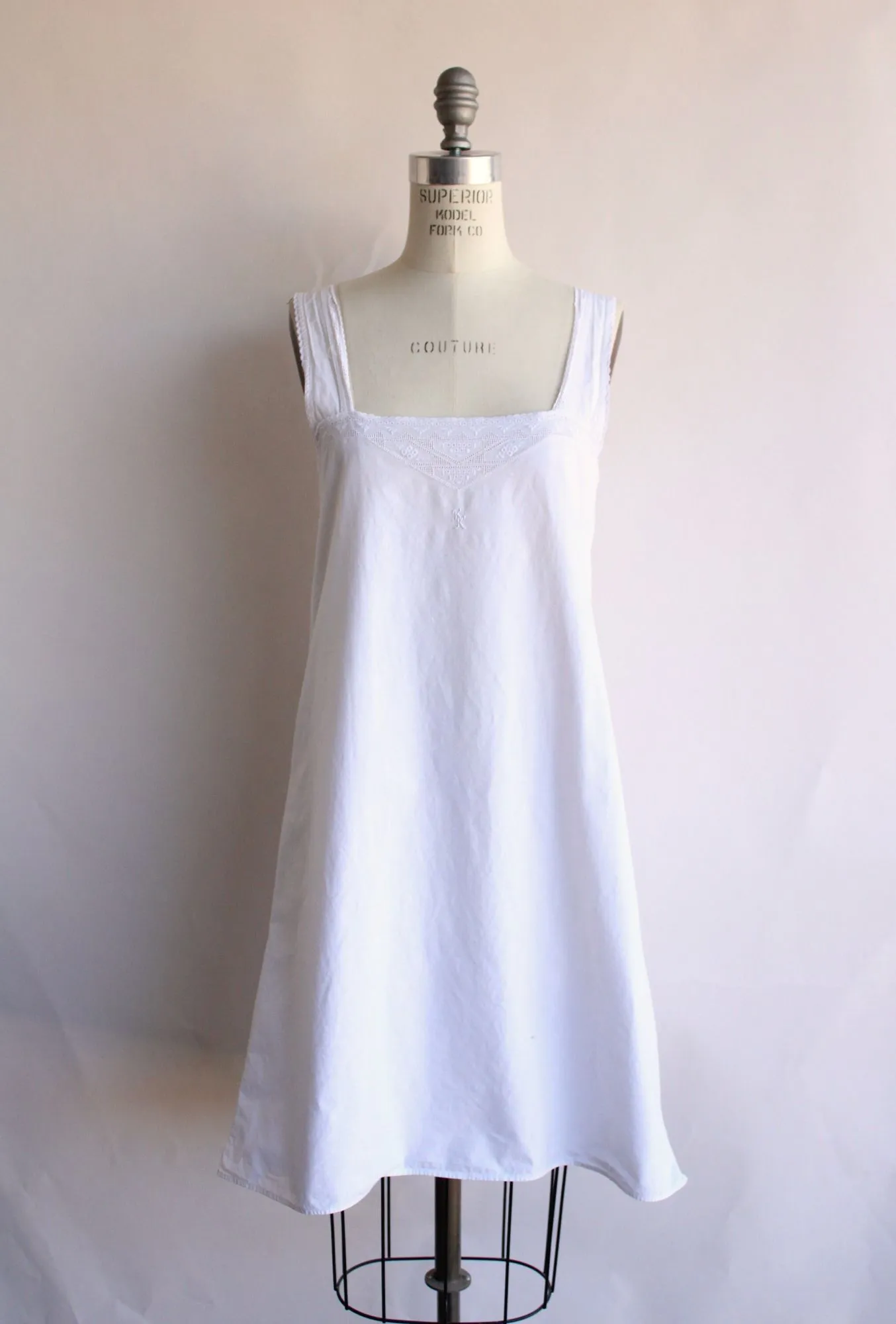 Vintage 1920s White Cotton Chemise, Monogrammed KK